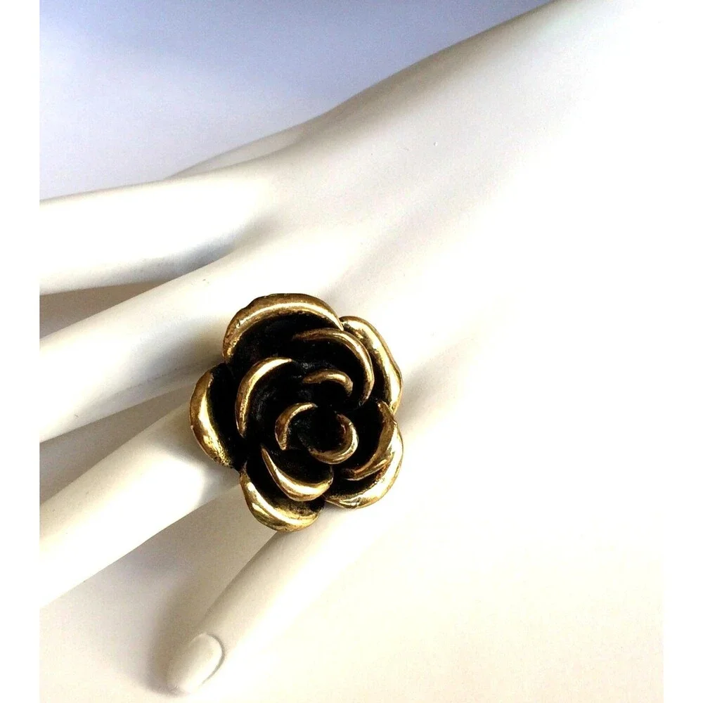 Vtg Gold Tone Rose Flower Bloom Cocktail Ring Size 6 7 8 Chunky Statement Boho